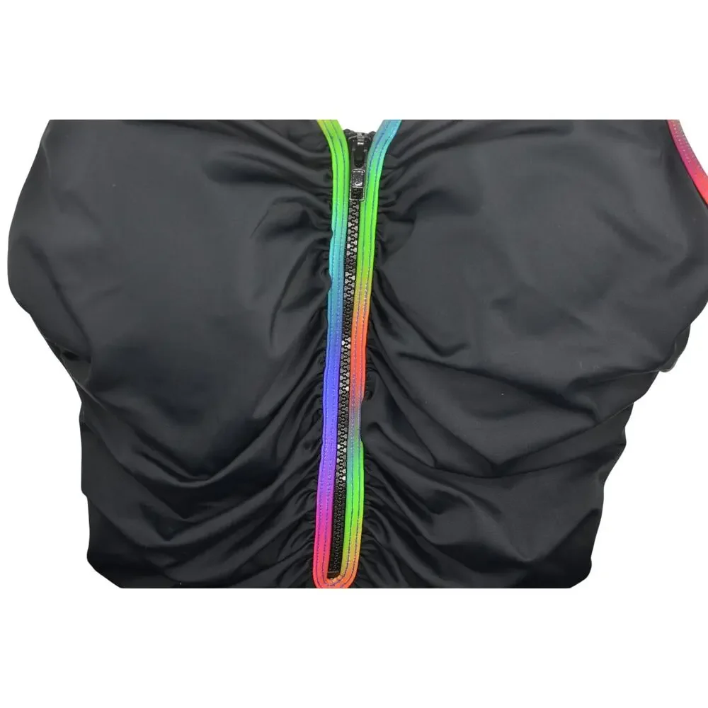 Swim Solutions Women's Shirred Zip-Up One-Piece Swimsuit Black Multi - Picture 3 of 5